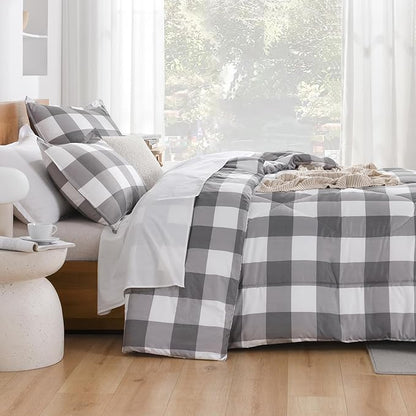 Andency Plaid Comforter Twin(66x90Inch), Gray White Checkered Gingham Buffalo Bed Set for Boys Teens, Lightweight Bedding, 2 Pieces(1 Comforter & 1 Pillowcase)