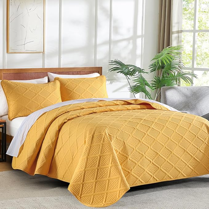 Yiran Mustard Yellow Quilt Set King Size, 3 Piece Reversible Bedspreads Bedding Set, Winter Diamond Pattern Coverlet for All Season with 2 Pillow Shams (King, 106x96 Inch)