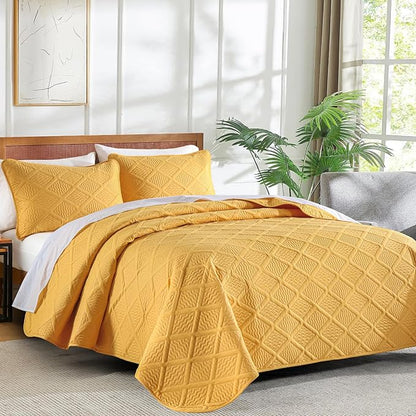 Yiran Mustard Yellow Quilt Set King Size, 3 Piece Reversible Bedspreads Bedding Set, Winter Diamond Pattern Coverlet for All Season with 2 Pillow Shams (King, 106x96 Inch)