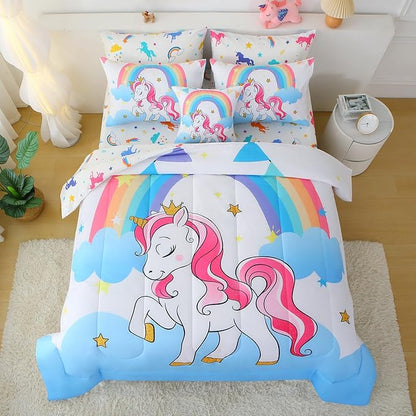 JQinHome Unicorn Queen Bedding Sets for Girls Kids,8 Piece Bed in A Bag 3D White Sky Rainbow Clouds Theme Unicorn Comforter Set with Sheet Set(White)