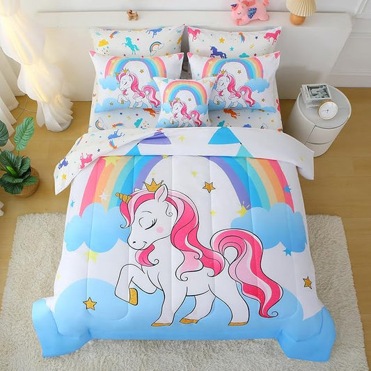 JQinHome Unicorn Queen Bedding Sets for Girls Kids,8 Piece Bed in A Bag 3D White Sky Rainbow Clouds Theme Unicorn Comforter Set with Sheet Set(White)