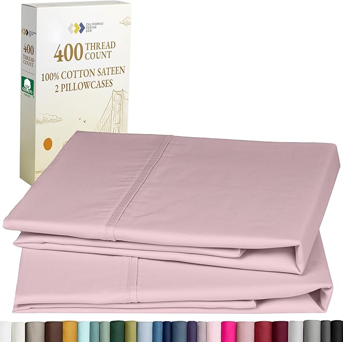 California Design Den Standard Queen Size Pillowcase Set - 400 Thread Count, 100% Cotton Sateen, Set of 2 Pillow Covers, Soft and Breathable - Pink
