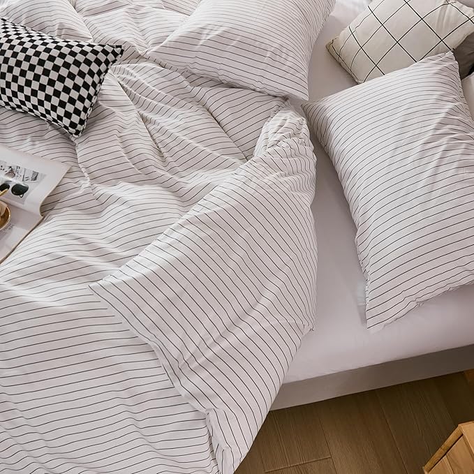 Merryword 100% Cotton Duvet Cover Set King Size, Black Pinstripe Duvet Cover Set with Zipper Closure & 8 Corner Ties, Soft Lightweight Comforter Cover, Luxury Linen Like Bedding for All Seasons