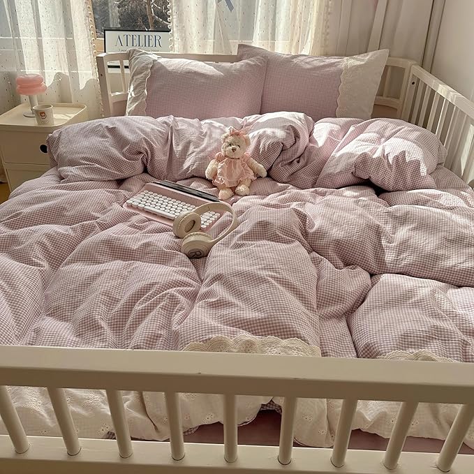 HighBuy Queen Comforter Set Grey Purple Gingham Comforter with Lace Ruffles Modern Chic Plaid Comforter Set 3 Pieces Fluffy Soft Boho Checkered Pattern Comforter with 2 Pillowcases for Boy Men
