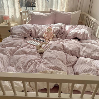 HighBuy Purple Plaid Comforter Set King Size,3 Pieces Grid Gingham Bedding Comforter with Lace Ruffles, Fluffy Comfy Grid Checkered Pattern Comforter with 2 Pillowcases,Gingham Bedding Set