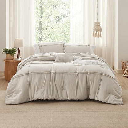 Bedsure California King Comforter Set - 4 Pieces Grid Pleat Bed Set, Beige Boho Bedding for All Season, 1 Soft Comforter, 2 Pillowcases, 1 Decorative Pillow