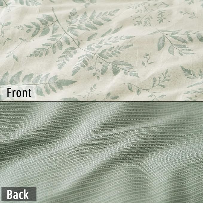 Botanical Cotton Comforter Queen Size - Dusty Green Comforter Printed with Luxurious Greyish-Green Ferns on Beige,Reversible Lightweight Bedding Sets 3Pcs(90"×90")