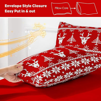 YIYEA Christmas King Size Pillow Cases Set of 4, Ultra Soft Double Brushed Microfiber Red Pillowcases and Christmas Reindeer Pillow Covers, Envelope Closure, Fade Resistant (20"x36")