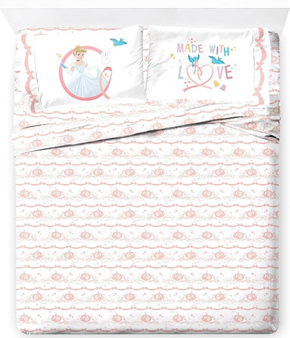 Jay Franco Kids Sheet Set with Fitted, Flat Sheets & Pillow Cover - Ultra-Soft Bedding with Pillowcase for Room Decor, White - Princess Cinderella, 4 Piece Queen