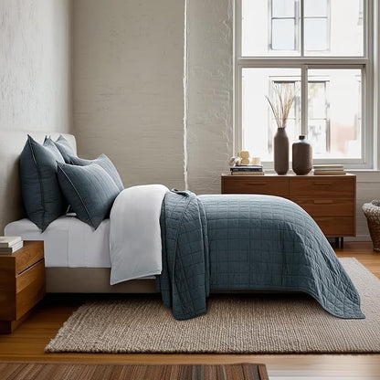 EVERGRACEHOME 100% Cotton Box Stitch Quilt Bedding Set King Size 3 Pieces, Garment-Washed Lightweight Soft Cozy Coverlet, Oversized Quilted Bedspread Sets with 2 Shams for All Season, Midnight Blue