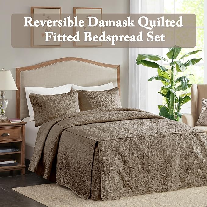 Madison Park Quebec Split Corner Quilted Bedspread Classic Traditional Design All Season, Lightweight, Bedding Set, Matching Shams, King, Damask Quilted Khaki 3 Piece