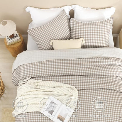 Andency Tan Gingham Comforter Set Twin(66x90Inch), Brown Checkered Grid Plaid Buffalo Bed Set for Girls Boys Kids Teens, 2 Pieces Lightweight Polyester Geometric Preppy Bedding