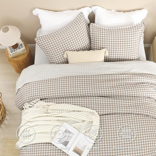 Andency Tan Checkered Comforter King(104x90Inch), Plaid Gingham Buffalo Grid Bedding Comforter Sets for Boys Kids Teens, 3 Pieces Lightweight Polyester Geometric Preppy Bed Set