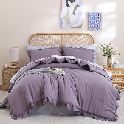 JANZAA Comforters Queen Size Grayish Purple Comforter Set Queen 3PCS(1 Ruffled Comforter Set and 2 Pillowcases) Shabby Chic Bedding Vintage Soft Fluffy Bed Set for All Season