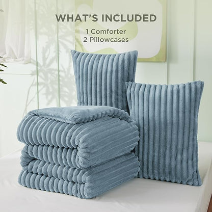 Bedsure Cal King Comforter Set - GentleSoft™ 3 Pieces Double-Side Fleece Fluffy Mineral Blue Comforter Set, Cozy Striped Room Decor Aesthetic, Luxury Cal King Bedding, 2 Pillowcases, 104x96 Inches