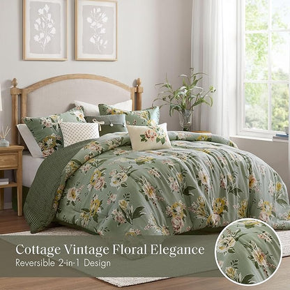 Madison Park Vintage Floral Reversible Comforters King Size Bed, All Season, Down Alternative Bedding Comforter, Bedskirt, Pillows, Shams, Salara, Cal King Green 7 Piece | Reversible