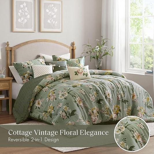 Madison Park Vintage Floral Reversible Comforters King Size Bed, All Season, Down Alternative Bedding Comforter, Bedskirt, Pillows, Shams, Salara, King Green 7 Piece | Reversible