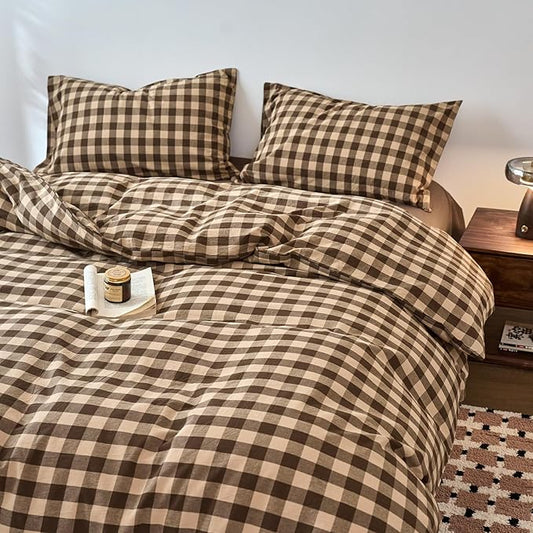 EAVD Vintage Style Brown&Beige Plaid Duvet Cover Set King Soft 100% Washed Cotton Like Linen Feel 3-Piece Checkered Gingham Duvet Cover with 2 Pillowcases Retro Buffalo Plaid Bedding Set with Zipper