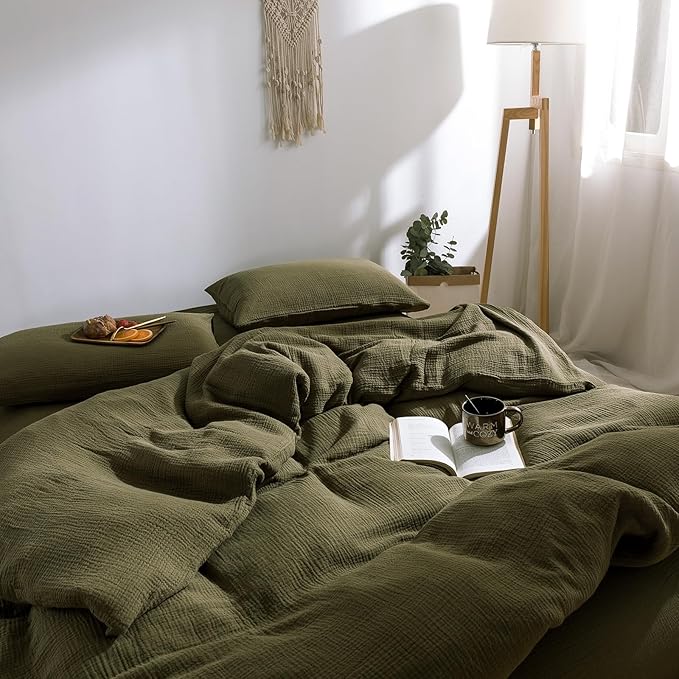 VM VOUGEMARKET 100% Cotton Muslin Duvet Cover King Size 3-Layer Guaze Textured Bedding Set,Ultra Soft Breathable Textured Linen Like Comforter Cover with Zipper&Ties-Olive Green