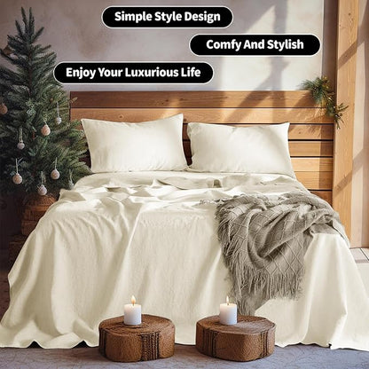 LBRO2M 100% Pure Linen Sheet Set Deep Pocket Up to 16" Bed Sheets Sets, Natural Flax Beddings Soft, Breathable, Comfortable for All Seasons 4 Pcs Sheet Set California King Size, Beige