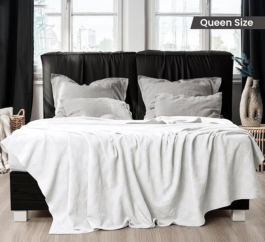 Utopia Bedding White 100% Cotton Blanket [Queen Size - 90x90 Inch] Lightweight, Soft and Breathable Thermal Blanket for All Seasons