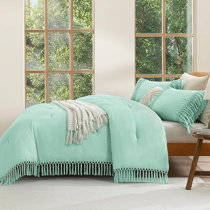 Andency Queen Comforter Set Mint, 3 Pieces Boho Lightweight Fall Bedding Comforter Sets, Tassel Bed Set (90x90In Comforter & 2 Pillowcases)