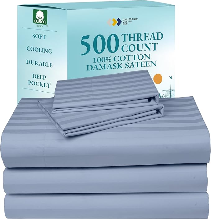 Luxury Split King Sheets Set For Adjustable Bed, 100% Cotton 500 Thread Count Sateen, Snug Fit, Set with Twin-XL Fitted Sheets, Damask Stripe Bedsheets (Split King, Stripe - Light Blue)