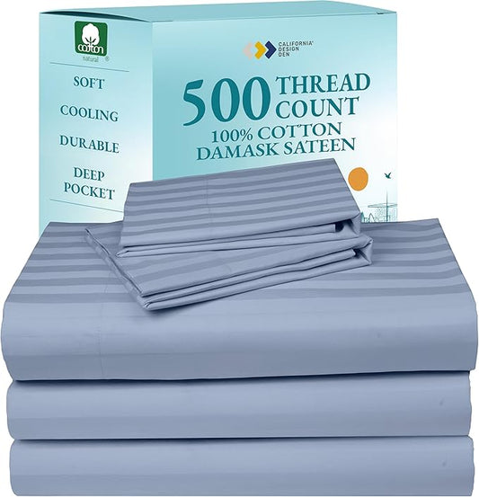 Luxury Split King Sheets Set For Adjustable Bed, 100% Cotton 500 Thread Count Sateen, Snug Fit, Set with Twin-XL Fitted Sheets, Damask Stripe Bedsheets (Split King, Stripe - Light Blue)