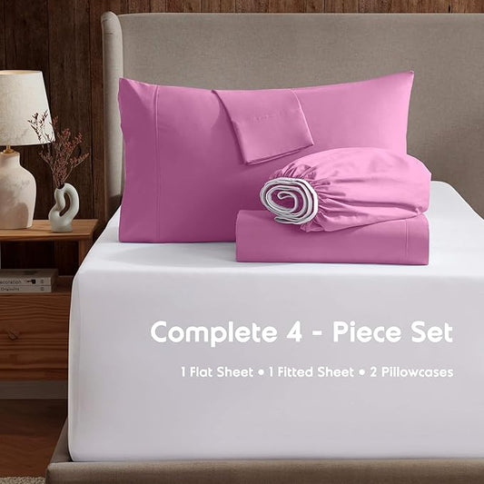 Nestl Short Queen Sheet Set - 1800 Ultra-Soft Microfiber - Double Brushed - Deep Pockets - Easy Fit - 4 Piece Set - Bed Sheets (Short Queen, Light Pink)