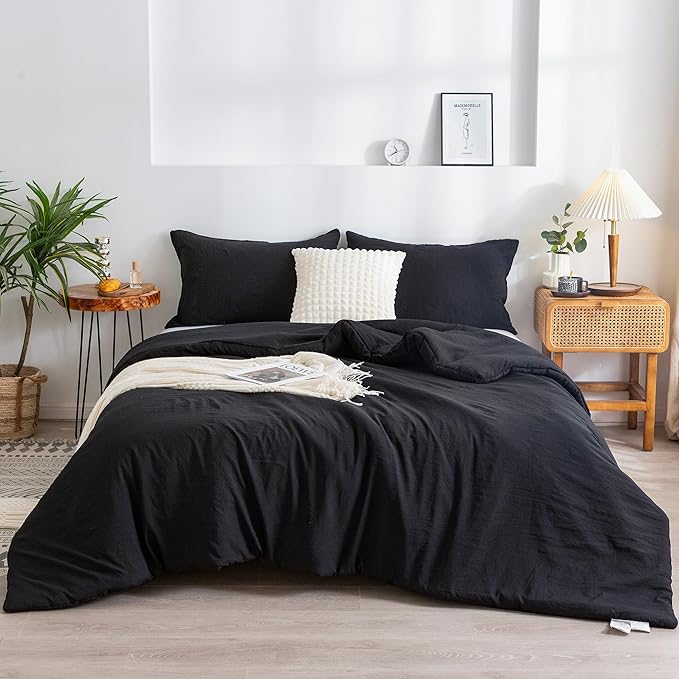 COTTEBED Ultra-Soft Black Comforter King, Cozy Softness Solid Chic Washed PolyCotton Microfiber, California King Size Bedding Down Comforter Blanket Set and Pillowcase, Lightweight But Warm All Season