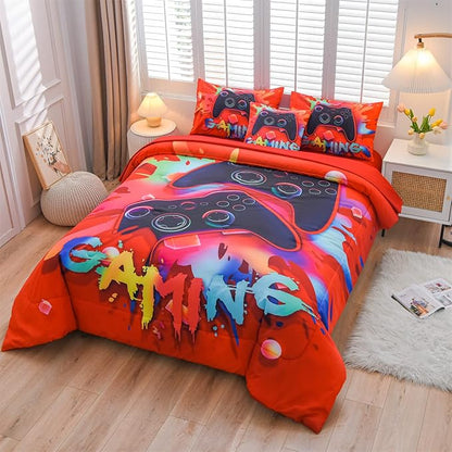 Aimuan Gaming Comforter Sets for Boys Kids Bedding Sets Video Games Console Action Buttons Novelty Colorful Game Gamepad Controller Modern Gamer Room Decor Home Quilt Set (Twin 6 Pcs, Red)
