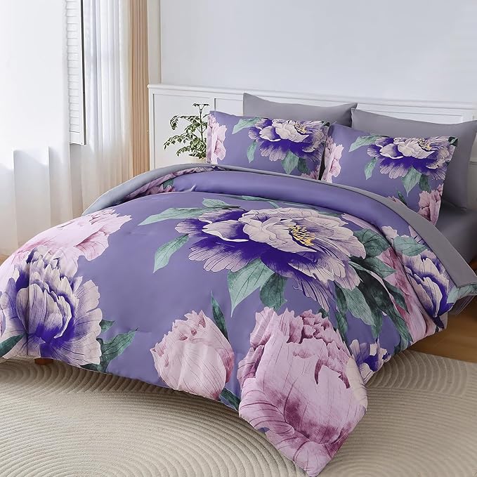 Dobuyly Floral Comforter Set King Size 7 Piece Bed in a Bag, Purple Pink Flower Comforter Set with Sheets, Soft Microfiber Botanical Flower Bedding Set for All Season