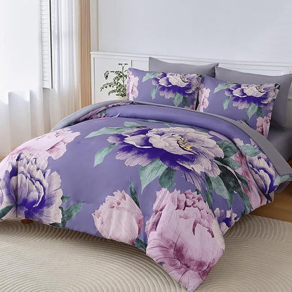 Dobuyly Floral Comforter Set Queen 7 Piece Bed in a Bag, Purple Pink Flower Comforter Set with Sheets, Soft Microfiber Botanical Flower Bedding Set for All Season