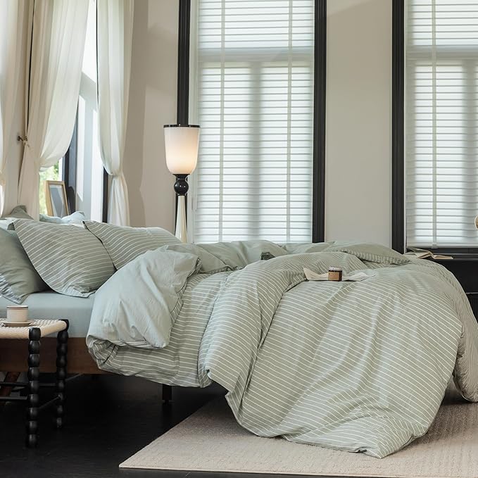 Reversible Duvet Cover Set 100% Washed Cotton Green Stripe Linen Feel Duvet Cover Super Queen Size with Zipper Closure & 2 Pillow Shams, Celadon Green/White Stripe Reverse Solid Celadon Green