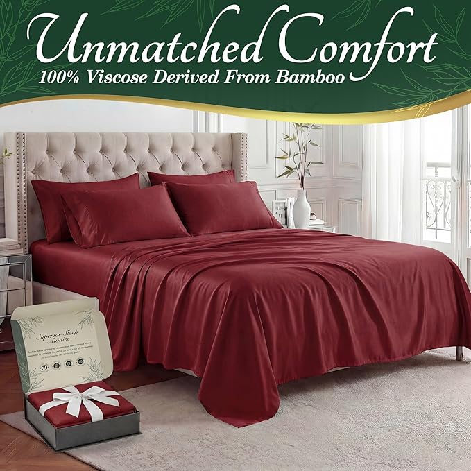 DECOLURE 100% Viscose Derived from Bamboo Sheets Full Size - Luxury 6 Pc Naturally Cooling Sheets, Ultra Soft Bed Set - Deep 17" Pockets, Durable Double Stitching, Oeko Tex Standard (Burgundy)