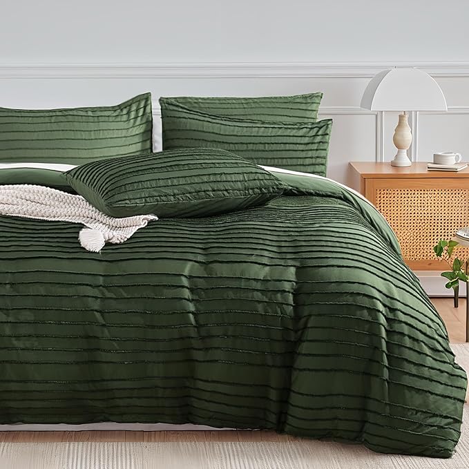 NEXHOME PRO Duvet Cover Queen,3 Pieces Boho Tufted Duvet Cover Set, Soft and Lightweight 100% Washed Microfiber Comforter Cover Set for All Season(Forest Green,90 x 90)-No Comforter