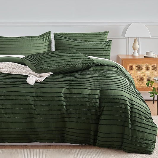 NEXHOME PRO Duvet Cover Full,3 Pieces Boho Tufted Duvet Cover Set, Soft and Lightweight 100% Washed Microfiber Comforter Cover Set for All Season(Forest Green,80 x 90)-No Comforter