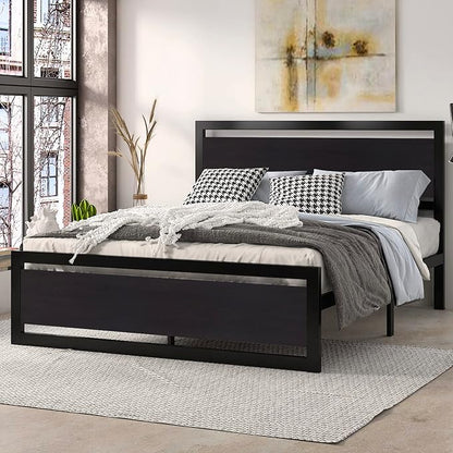 SHA CERLIN Heavy Duty Full Size Bed Frame with Modern Headboard, Black | Platform Metal Base with Square Footboard and 13 Strong Slats Support, No Box Spring Needed