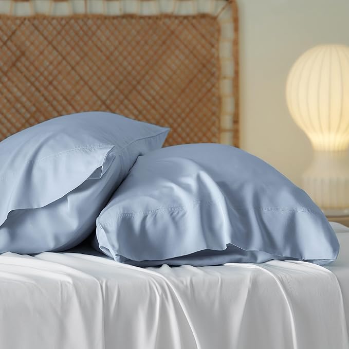 Bedsure Pillow Cases Standard Size, Cooling Pillow Cases, Rayon Derived from Bamboo Light Blue Pillowcases Standard Set of 2, PureWoven Silky Soft Pillow Cover with Envelope Closure, 20x26 Inches