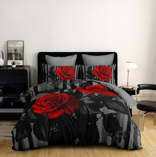 Comforter Set Full Size for Girls Romantic Red Rose Comforter Set Black Floral Bedding Set for Bedroom Decor - 3Piece Soft Fluffy Microfiber with 2 Pillowcases