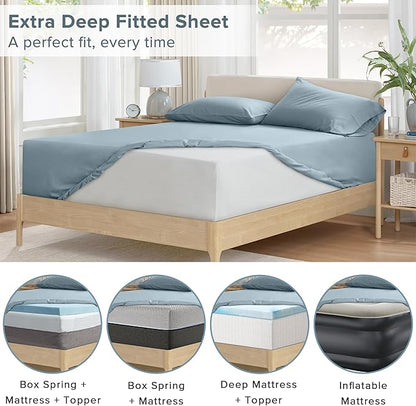 Comfort Spaces Extra Deep Pocket, 100% Cotton King Fits up to 24" Mattress, Breathable, Naturally Cool, Soft, All Seasons Sheet Set, Blue 4 Piece