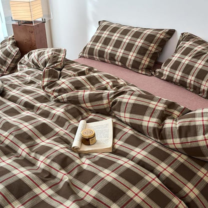 EAVD Vintage Brown Buffalo Plaid Comforter Set King Soft 100% Washed Cotton Brown&Red&Green Grid Checkered Bedding Set with 2 Pillowcases Retro Gingham Comforter Set for All-Season