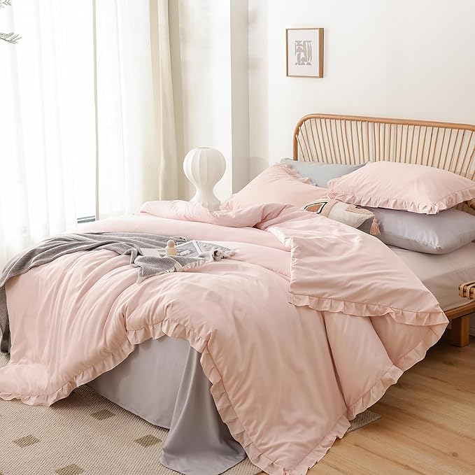 JANZAA Twin Comforter Set Pink Beding Set 2PCS (1 Ruffled Comforter Set and 1Pillow case) Fluffy Vintage Farmhouse Shabby Chic Bedding Soft All Season