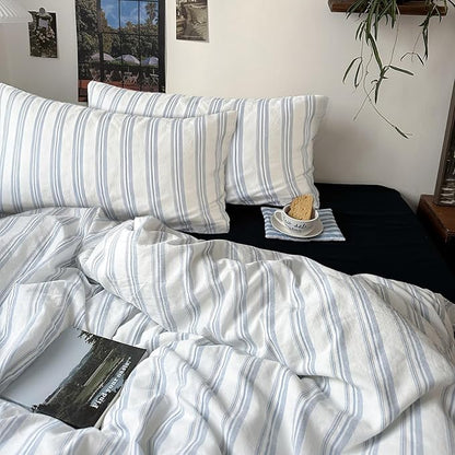 mixinni Vintage Blue & White Striped Duvet Cover Set - 3 Piece 100% Washed Cotton King Size Bedding | Minimalist Relaxed Style | Ultra Soft Breathable, with Zipper Closure & Corner Ties-King Size