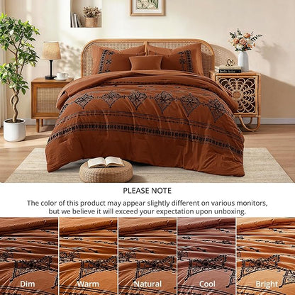 MaiRêve Full Size Comforter Set Burnt Orange, Embroidery Floral Western Boho Bedding Set, All Season 7 Pieces Bed in a Bag with Sheets, Pillowcases & Shams