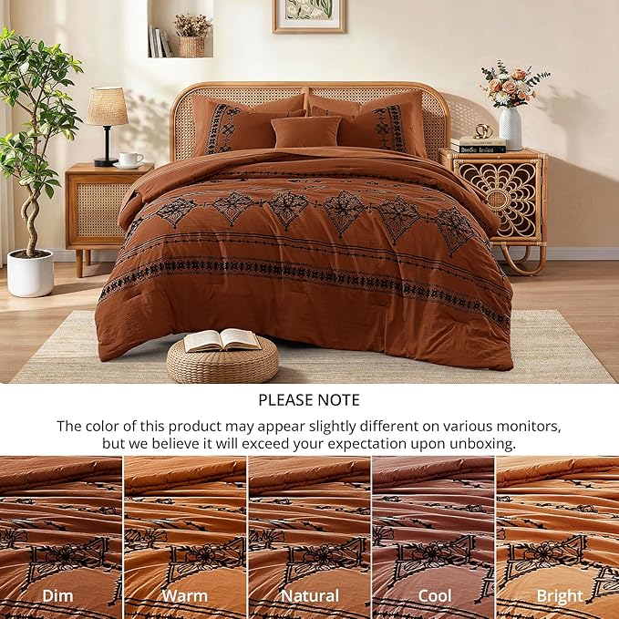 MaiRêve Queen Size Comforter Set Burnt Orange, Embroidery Floral Western Boho Bedding Set, All Season 7 Pieces Bed in a Bag with Sheets, Pillowcases & Shams
