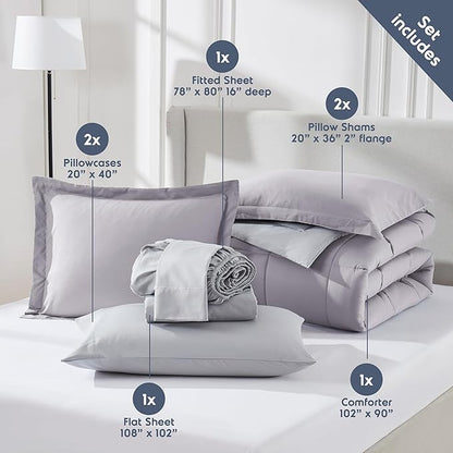 Nestl 7 Piece King Comforter Set – Grey Lavender Reversible Bed in a Bag – Complete King Size Bedding Set with Sheets, Pillowcases and Shams