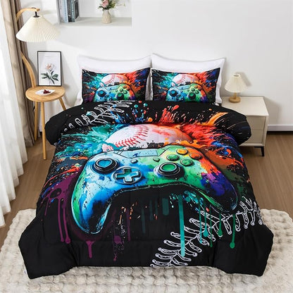 Aimuan Gamer Gaming Bedding Sets 3D Gamepad Comforter Sets for Boys Games Console Action Buttons Novelty Colorful Game Controller Modern Room Decor Home Quilt Set (Green, Twin)