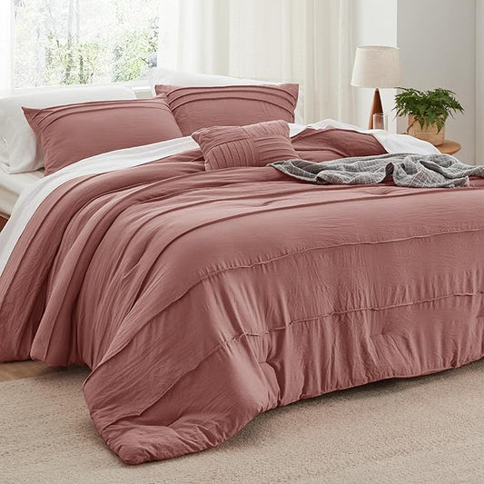 Bedsure Full Comforter Set - 4 Pieces Pinch Pleat Bed Set, Dusty Pink Boho Bedding for All Season, 1 Soft Comforter, 2 Pillowcases, 1 Decorative Pillow