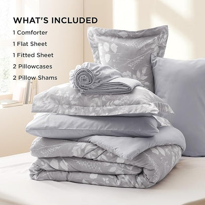 Bedsure Full Size Comforter Set - 7 Pieces Floral Grey Soft Bedding Sets, Full Bed in a Bag with Botanical Flowers Comforter, Sheets, Pillowcases & Shams
